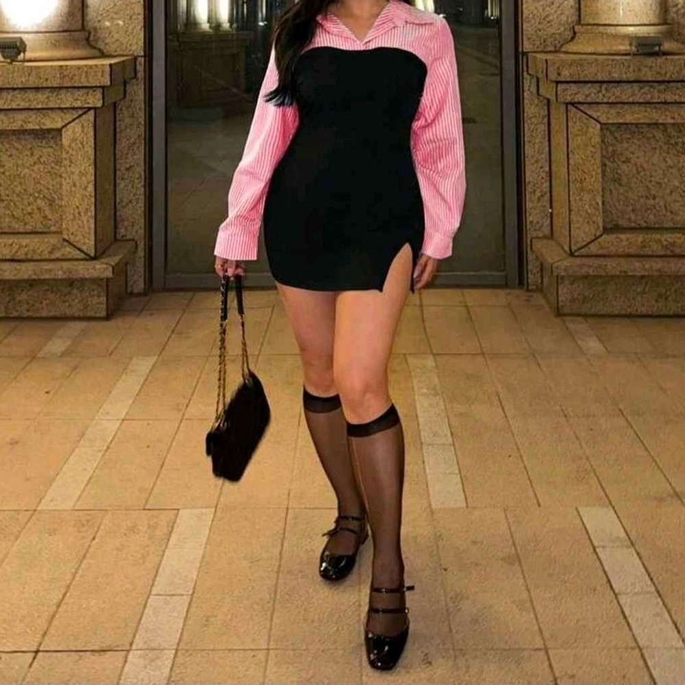 Black Mini Dress with Pink Shirt Detail